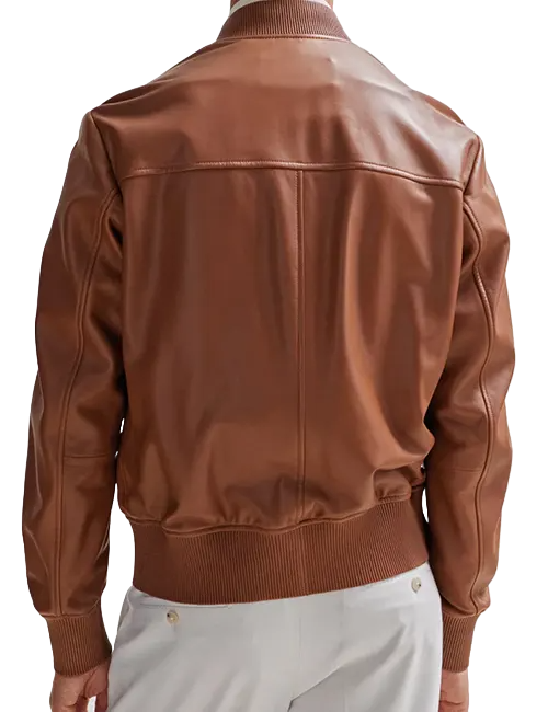 Men's Brown Leather Bomber Jacket Classic Zip Up Style Ribbed Collar Cuffs image 2