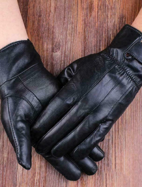 Men's Real Leather Gloves Winter Fleece Lined Soft Driving Strap Gloves Black