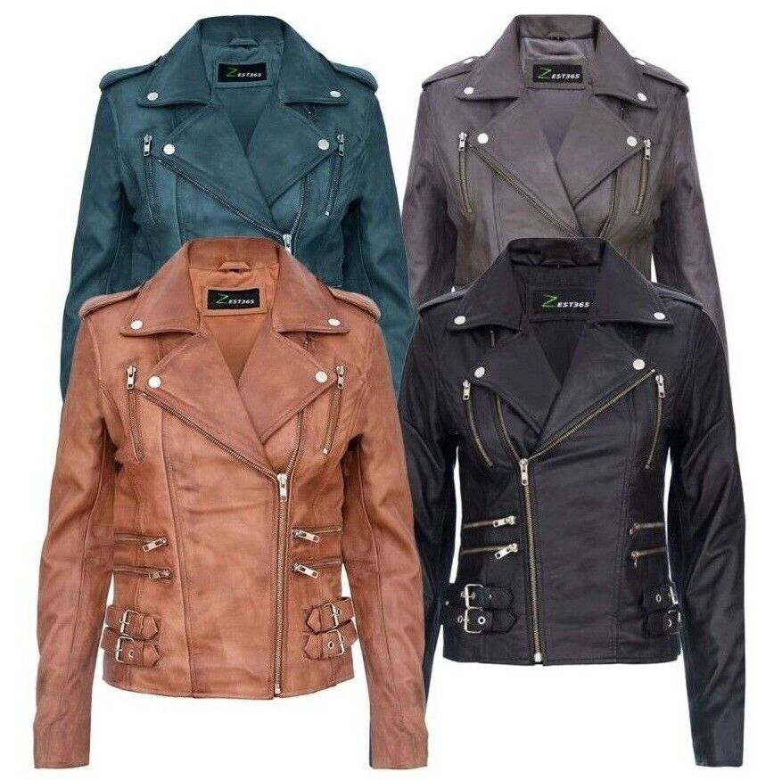 Ladies Retro 100% Nappa Real Leather Biker Jacket Tan Soft Multi Zip Short Coat image 3