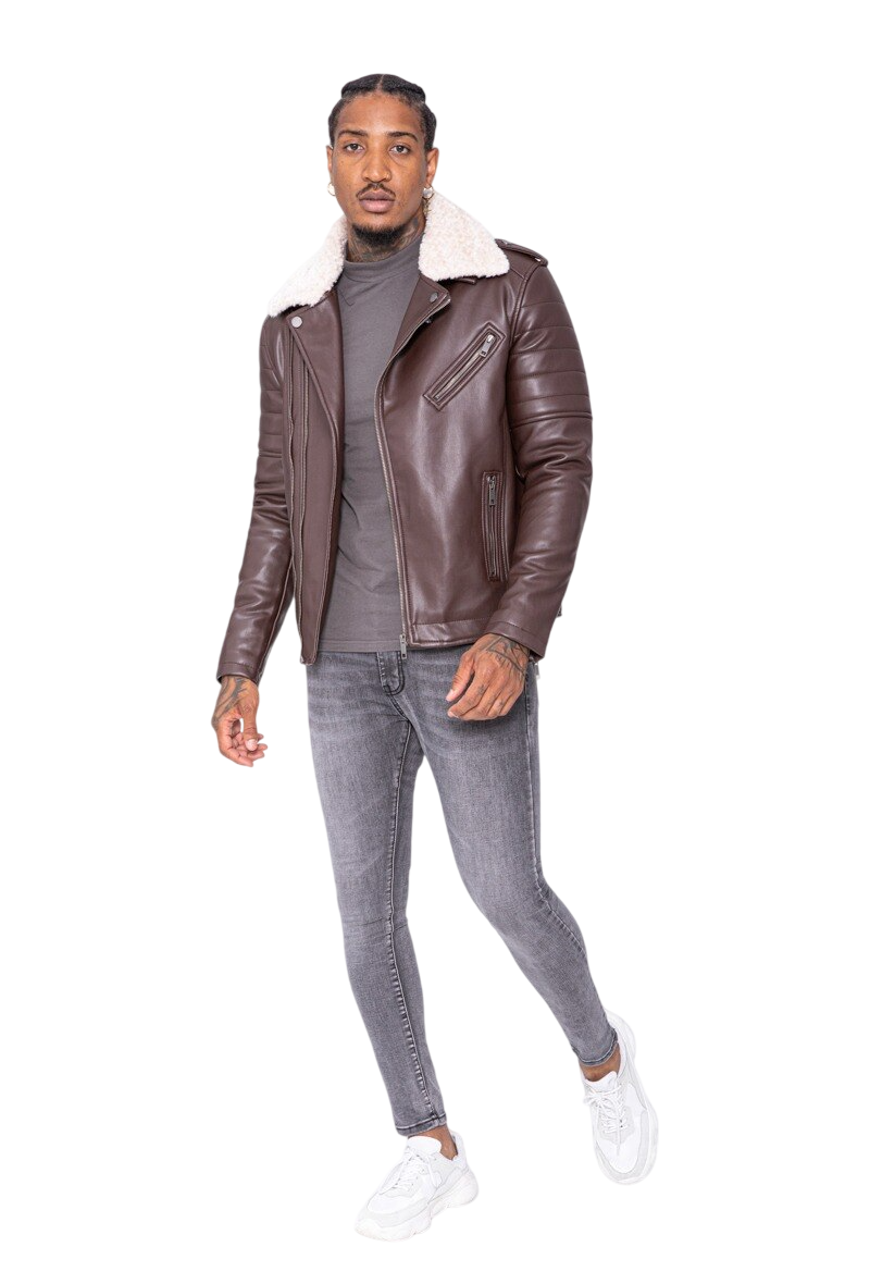 Men’s Leather Biker Jacket Sherpa Collar Brown Moto Style Winter Coat image 2