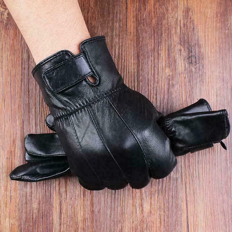 Men's Real Leather Gloves Winter Fleece Lined Soft Driving Strap Gloves Black image 3