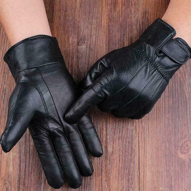 Men's Real Leather Gloves Winter Fleece Lined Soft Driving Strap Gloves Black image 1