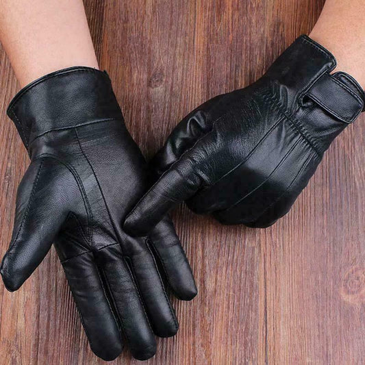 Men's Real Leather Gloves Winter Fleece Lined Soft Driving Strap Gloves Black image 1