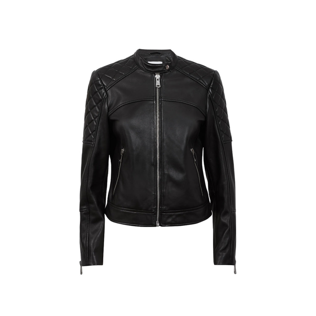Ladies Real Leather Jacket Collarless Quilted Black Zip up Casual Biker Jacket image 0