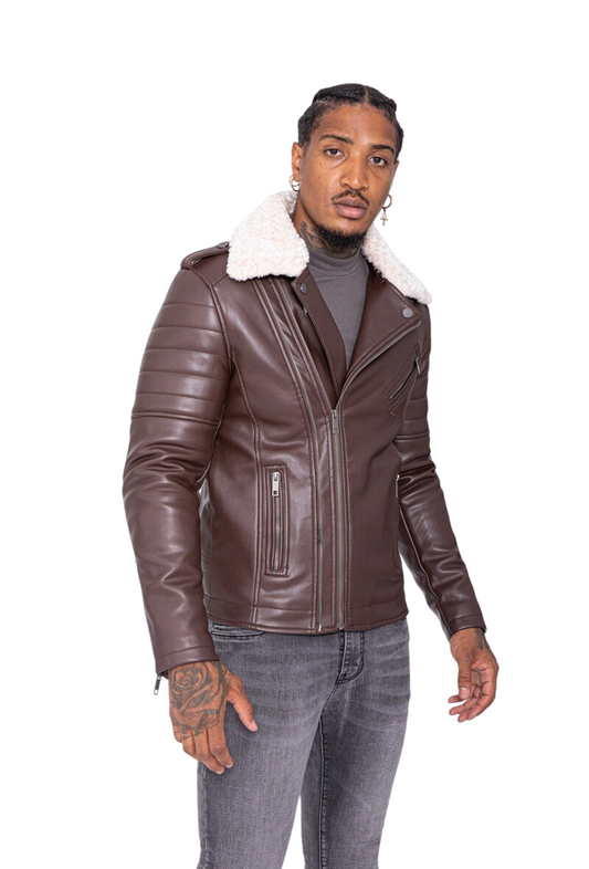 Men’s Leather Biker Jacket Sherpa Collar Brown Moto Style Winter Coat image 1