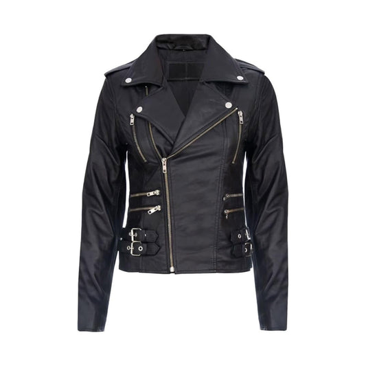 Women's Black Retro 100% Nappa Real Leather Biker Jacket Soft Multi Zip Coat image 0