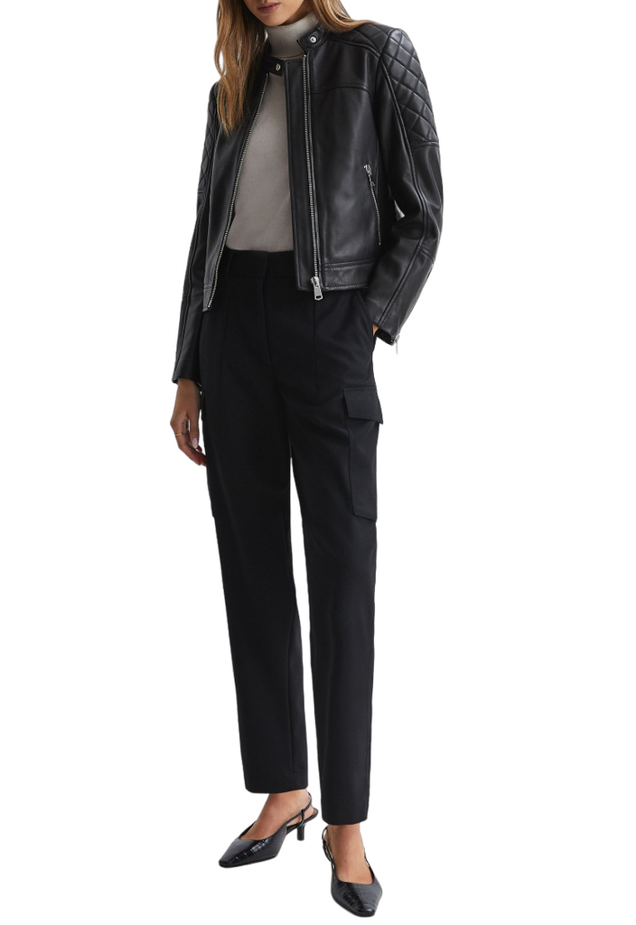 Ladies Real Leather Jacket Collarless Quilted Black Zip up Casual Biker Jacket image 3