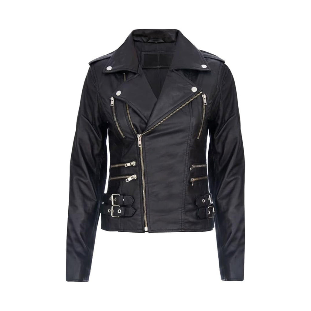 Women's Black Retro 100% Nappa Real Leather Biker Jacket Soft Multi Zip Coat image 0