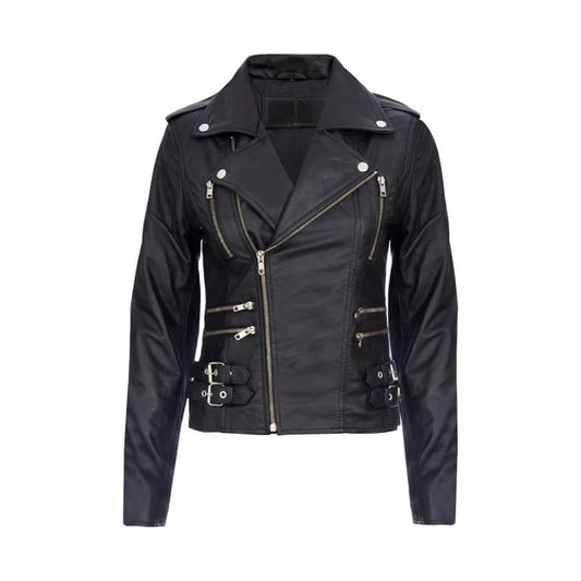 Women's Black Retro 100% Nappa Real Leather Biker Jacket Soft Multi Zip Coat image 0