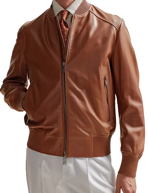 Men's Brown Leather Bomber Jacket Classic Zip Up Style Ribbed Collar Cuffs image 1