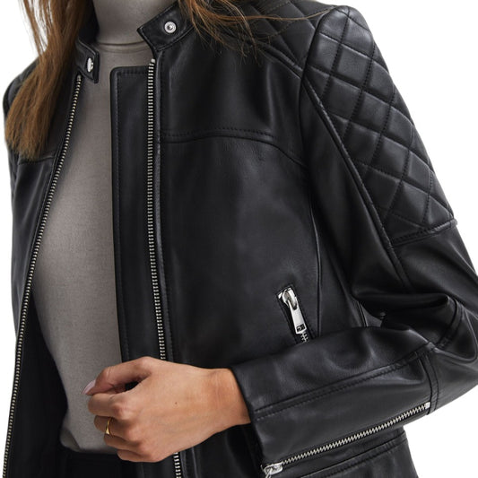 Ladies Real Leather Jacket Collarless Quilted Black Zip up Casual Biker Jacket image 1