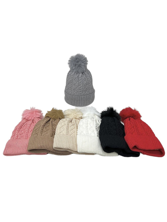 LADIES WOMENS WINTER KNITTED BEANIE SKI HAT THERMAL FAUX FUR BOBBLE POM POM image 1