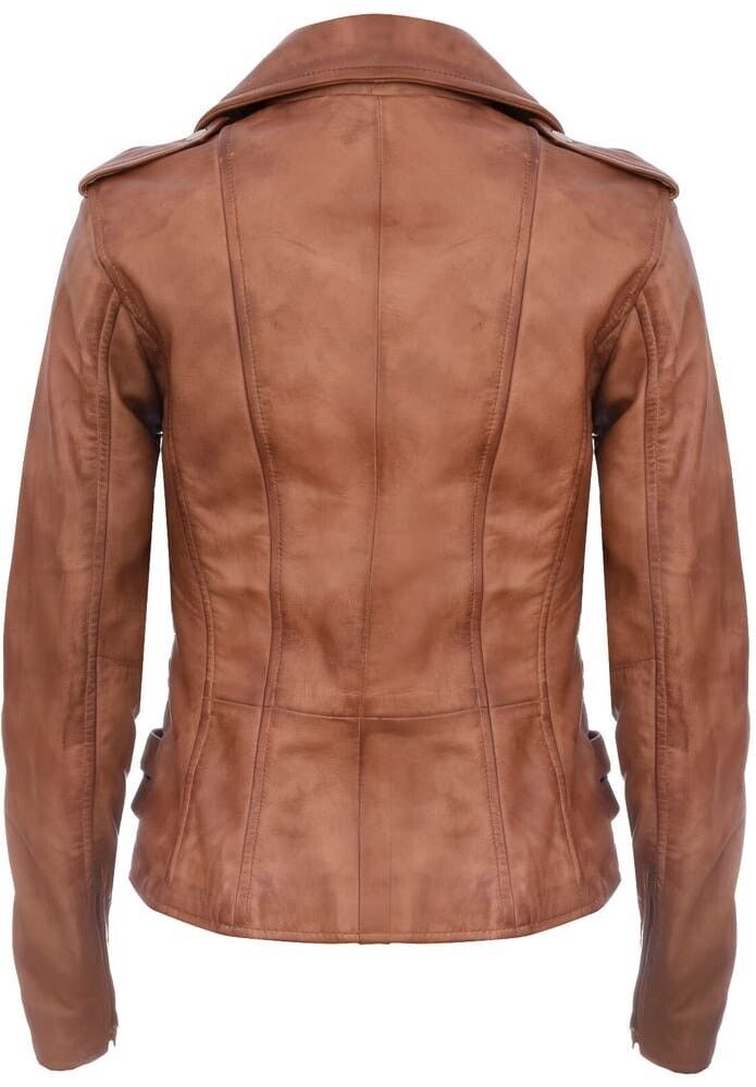 Ladies Retro 100% Nappa Real Leather Biker Jacket Tan Soft Multi Zip Short Coat image 1