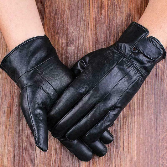 Men's Real Leather Gloves Winter Fleece Lined Soft Driving Strap Gloves Black image 0