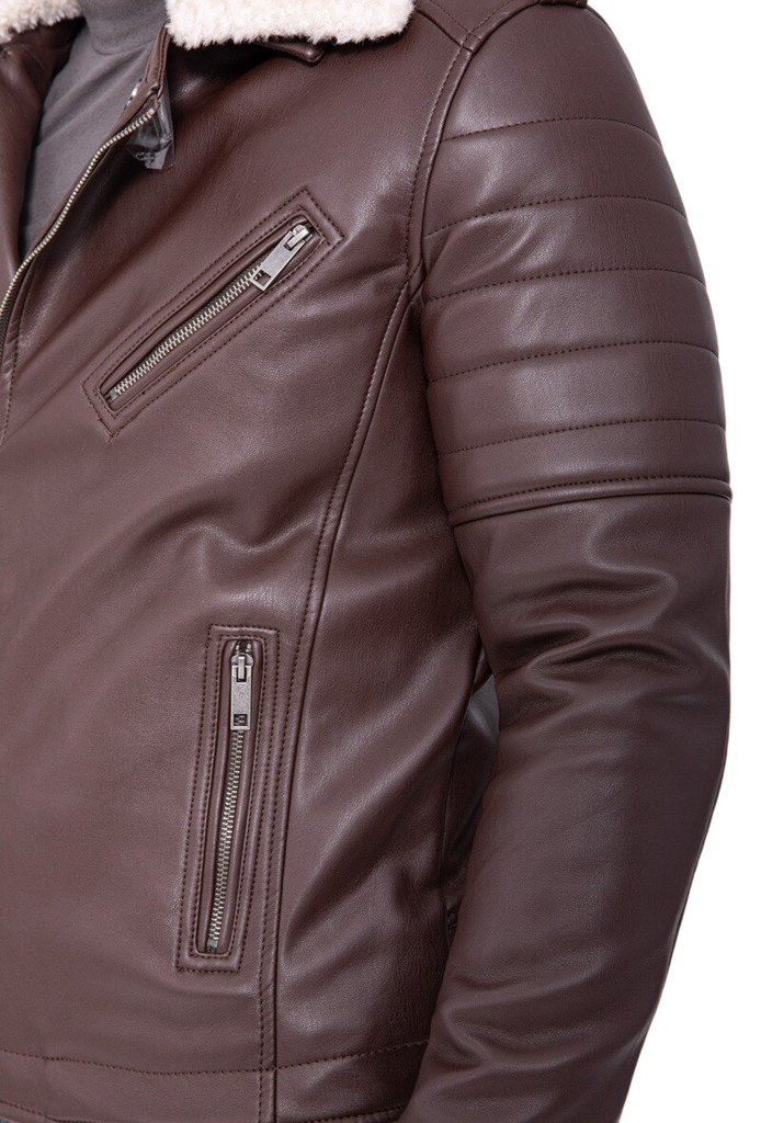 Men’s Leather Biker Jacket Sherpa Collar Brown Moto Style Winter Coat image 4