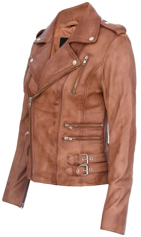 Ladies Retro 100% Nappa Real Leather Biker Jacket Tan Soft Multi Zip Short Coat image 2