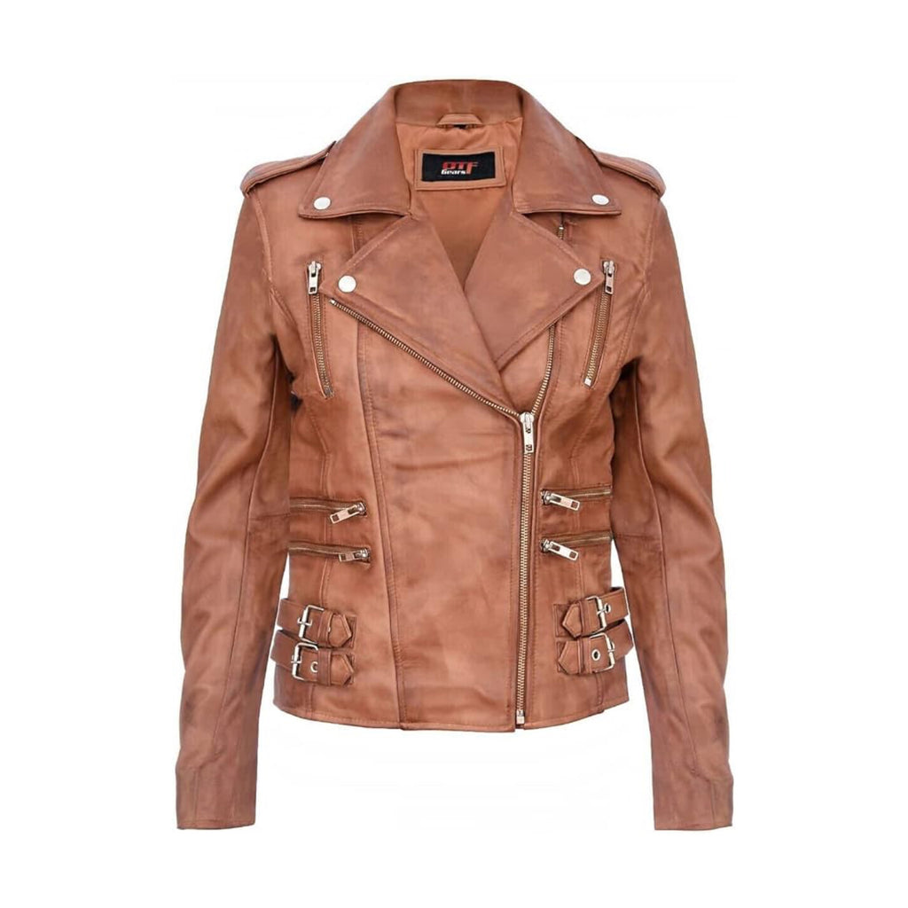 Ladies Retro 100% Nappa Real Leather Biker Jacket Tan Soft Multi Zip Short Coat image 0