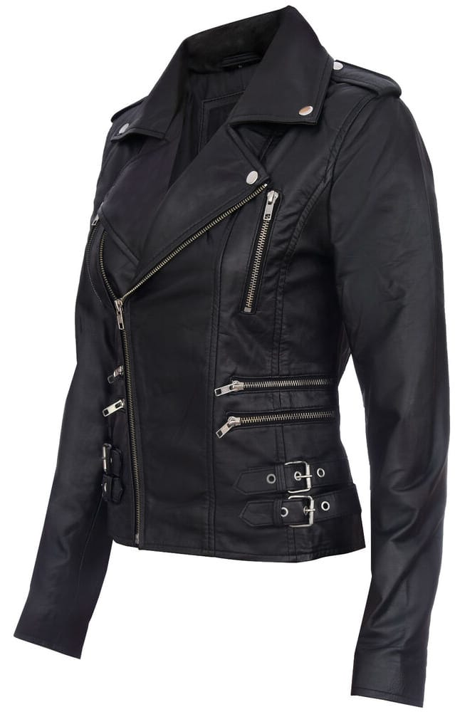 Women's Black Retro 100% Nappa Real Leather Biker Jacket Soft Multi Zip Coat image 2