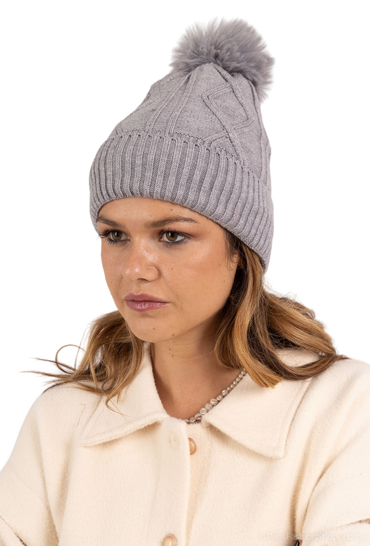 LADIES WOMENS WINTER KNITTED BEANIE SKI HAT THERMAL FAUX FUR BOBBLE POM POM image 0
