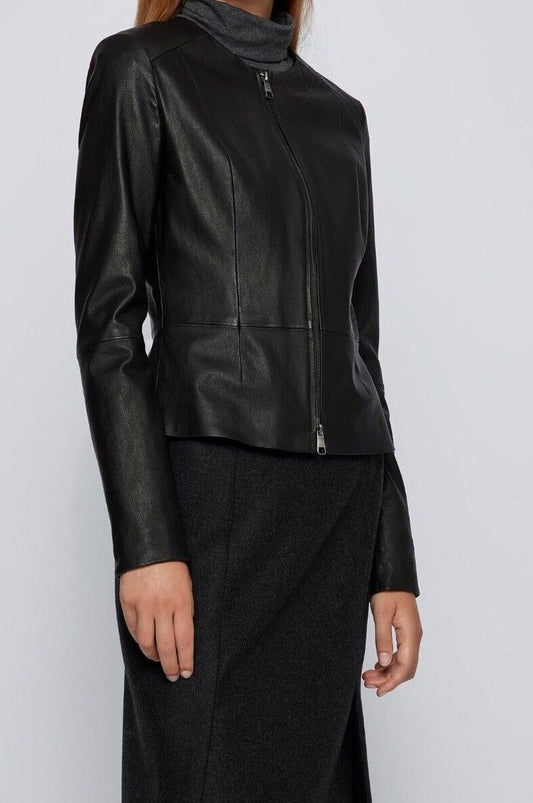 Ladies Real Leather Jacket Slim Fit Collarless Short Coat Black Jacket image 1