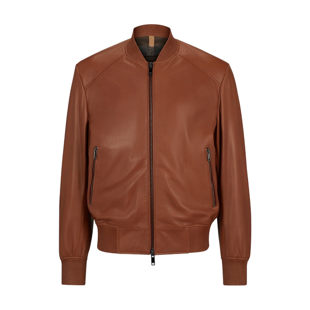 Men's Brown Leather Bomber Jacket Classic Zip Up Style Ribbed Collar Cuffs image 0