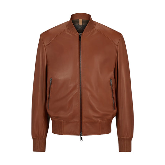 Men's Brown Leather Bomber Jacket Classic Zip Up Style Ribbed Collar Cuffs image 0