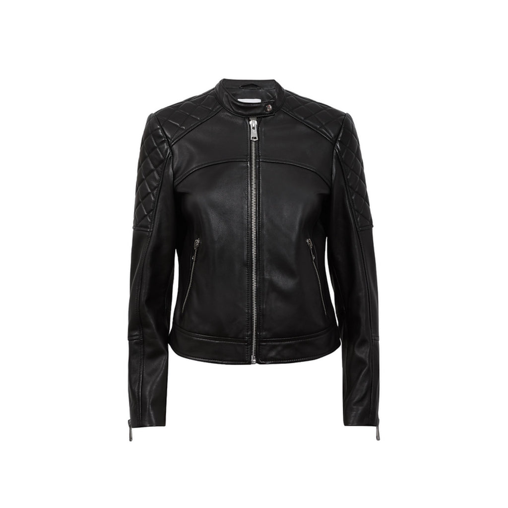 Ladies Real Leather Jacket Collarless Quilted Black Zip up Casual Biker Jacket image 0